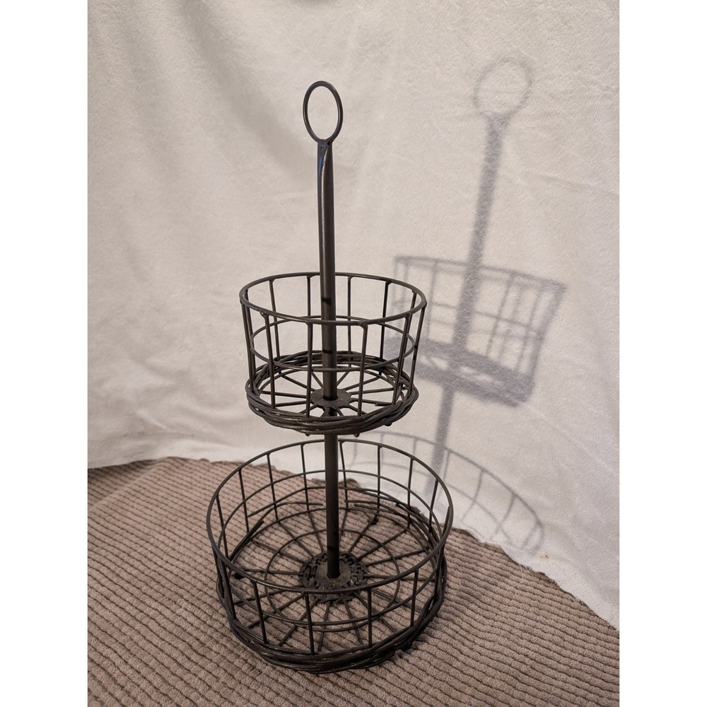 TWO TIERED BLACK WROUGHT IRON FRUIT/ALL-PURPOSE DISPLAY BASKET